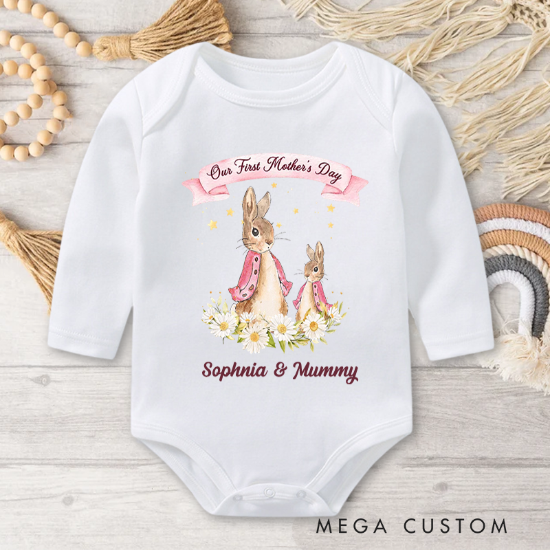 Personalized Our First Mother’s Day Peter Rabbit Bunny Floral Baby Onesie with Names Mother’s Day Baby Shower Gift