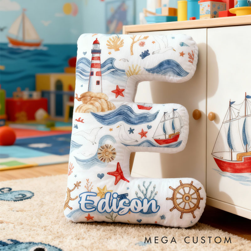 Personalized Letter-Shaped Pillow Lighthouse Sailboat Design Perfect Gift for Children