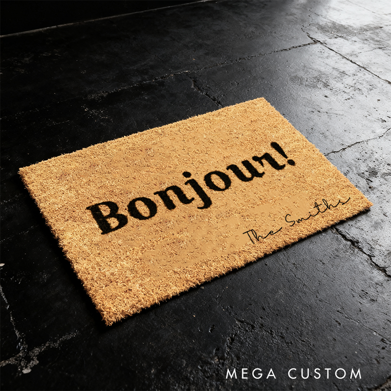 Personalized Bonjour Doormat with Custom Family Name for Home Entrance Gift