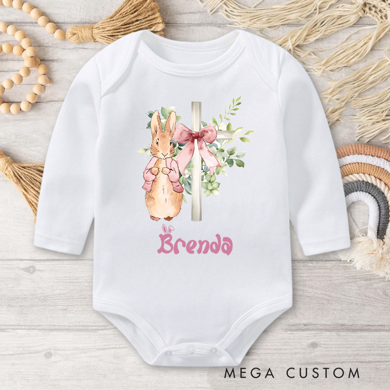 Personalized Bunny with Floral Bow Design for Baby's Easter Celebration Baby Bodysuit