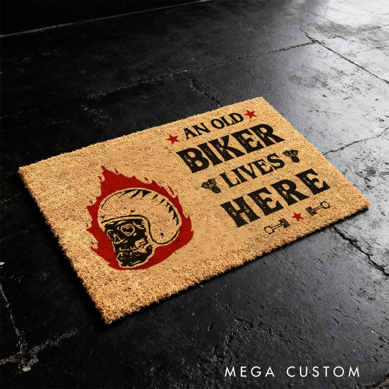 Personalized An Old Biker Lives Here Doormat with Helmet Skull and Flame Design for Motorcycle Lovers Gift