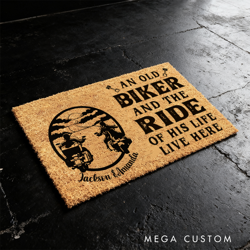 Personalized An Old Biker and the Ride of His Life Live Here Doormat with Custom Names for Motorcycle Enthusiasts