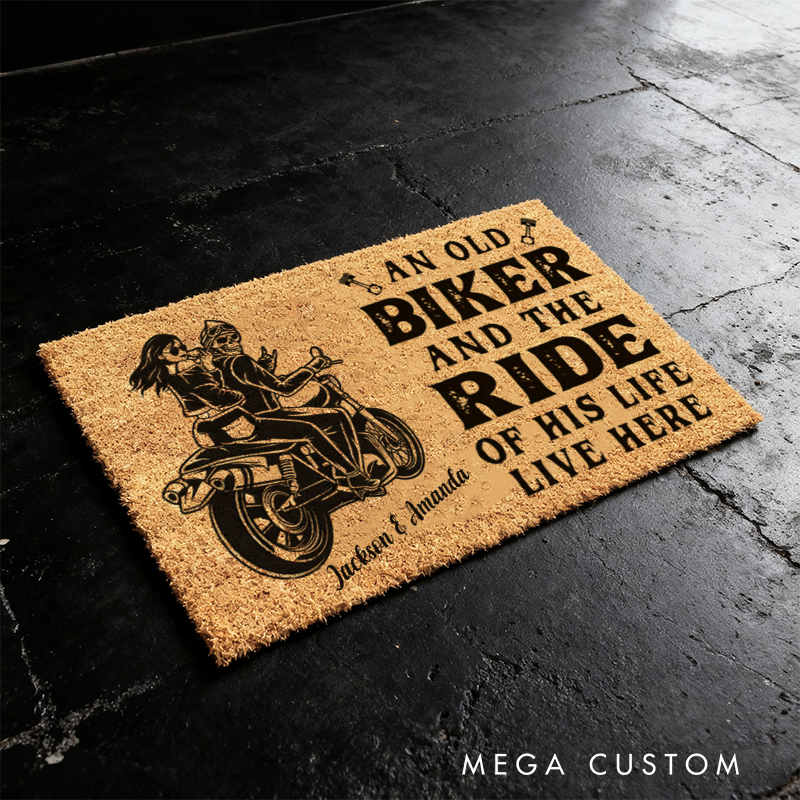 Personalized An Old Biker and the Ride of His Life Live Here Doormat with Custom Names and Motorcycle Couple Design