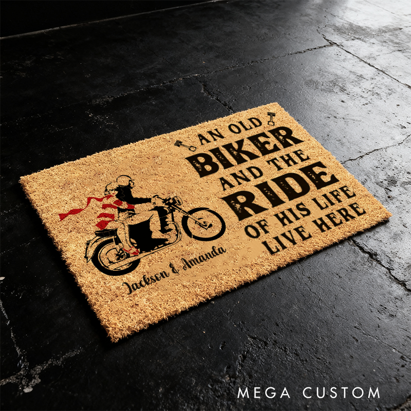 Personalized An Old Biker and the Ride of His Life Live Here Doormat with Custom Names and Classic Motorcycle Couple Design