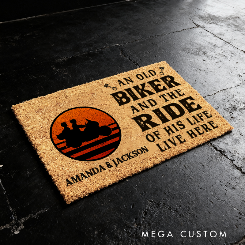 Personalized An Old Biker and the Ride of His Life Live Here Doormat with Sunset Motorcycle Couple Design Gift
