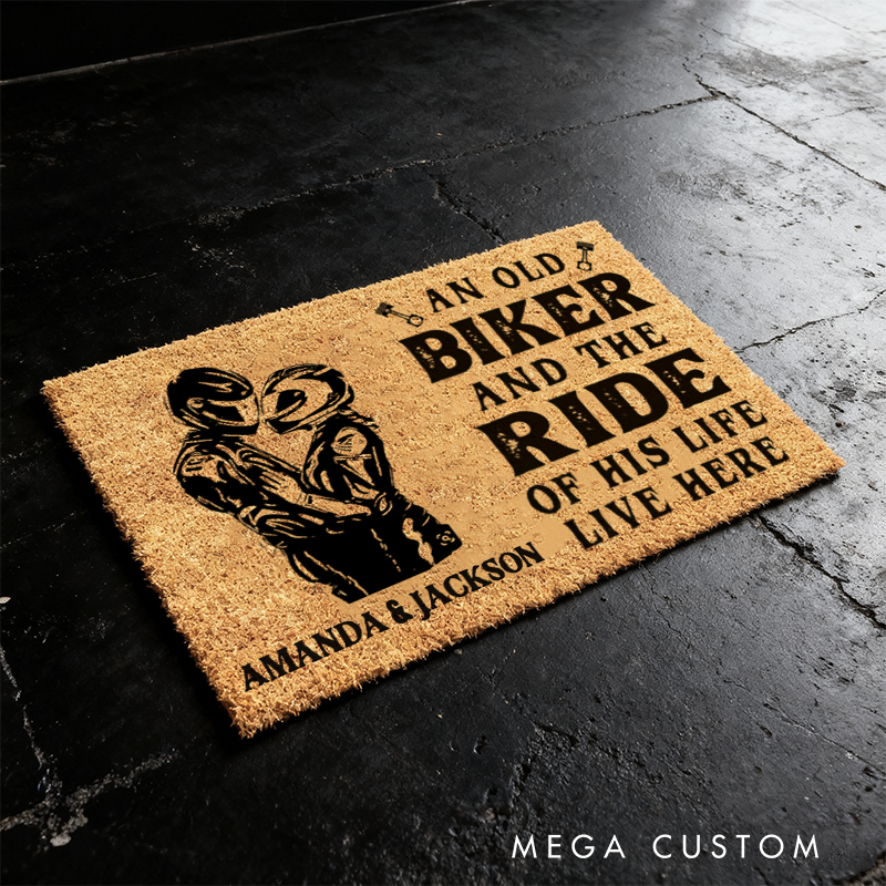Personalized Biker and the Ride of His Life Live Here Doormat with Romantic Motorcycle Couple Design Design Gift