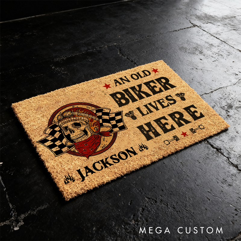 Personalized An Old Biker Lives Here Doormat Skull and Checkered Flag Design Gift for Motorcycle Enthusiasts