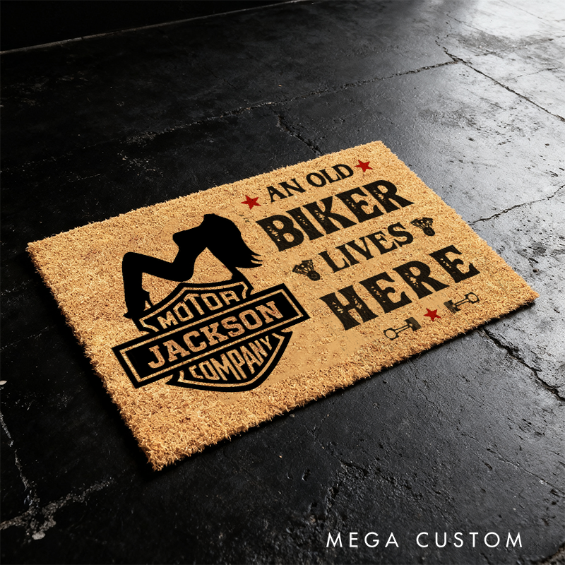 Personalized An Old Biker Lives Here Doormat with Custom Name and Bold Design Perfect Gift for Motorcycle Enthusiasts