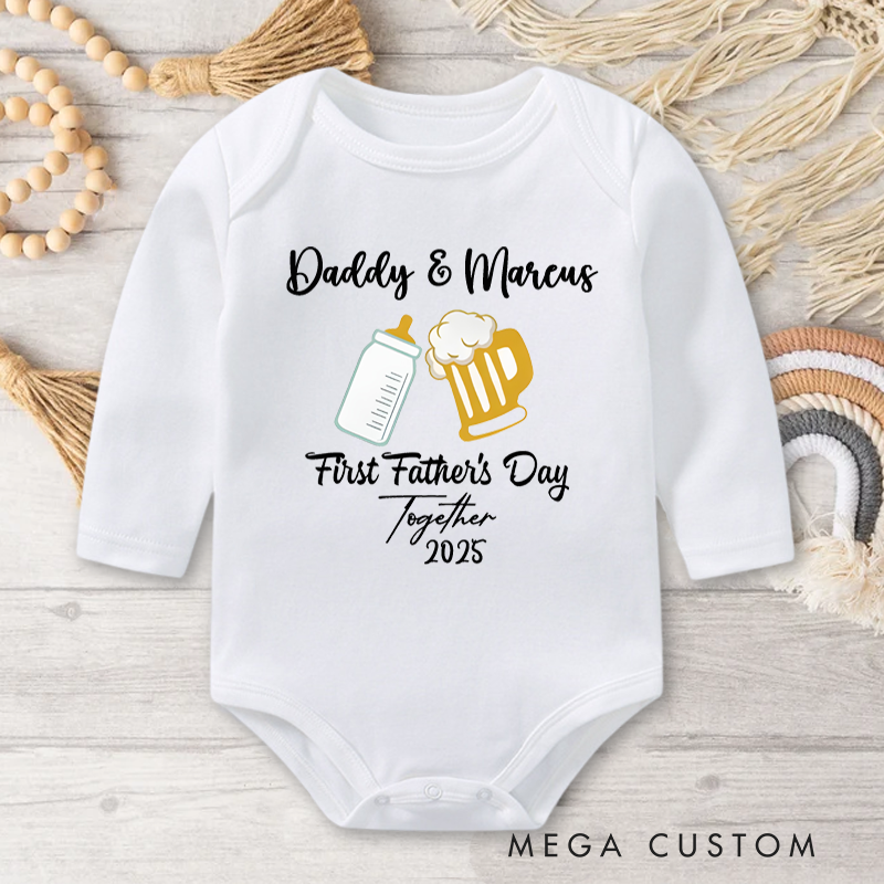 Personalized Baby Bottle and Beer Mug  Baby Onesies with Text Father's Day Birthday Gift