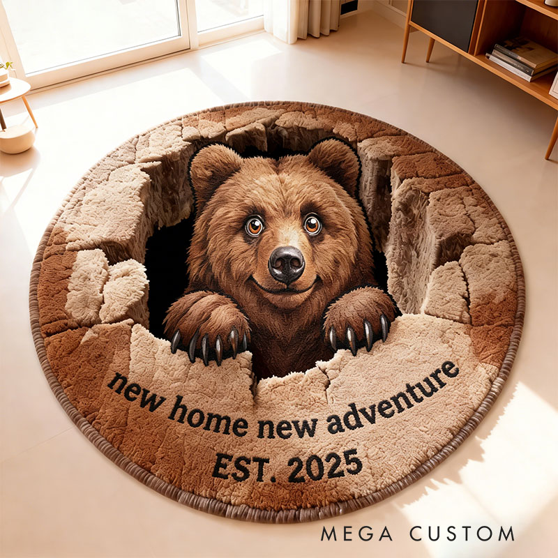 Personalized Round Rug with Adorable Bear Design Custom Floor Mat Soft Area Rug for Living Room Bedroom Unique Gift Idea Housewarming Gift Home Decor