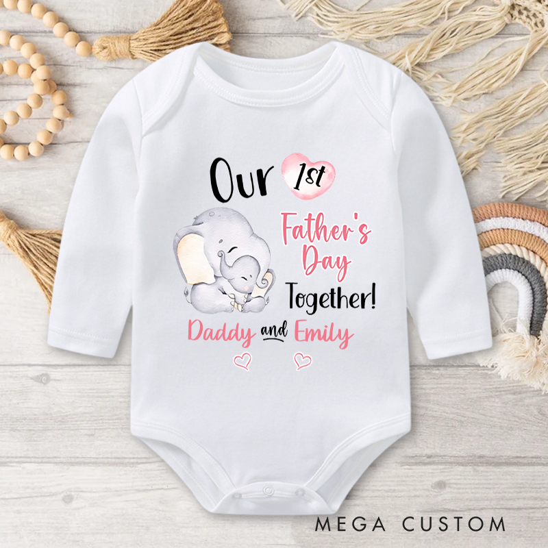Personalized Cute Elephant Our First Father's Day Baby Onesie with Name Gift for Dad Baby