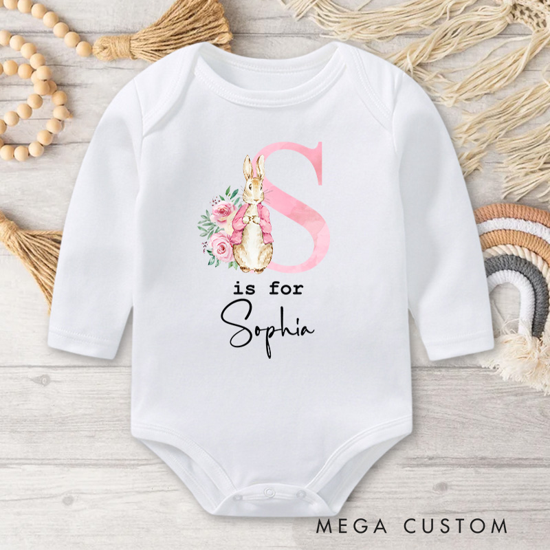 Personalized Bunny and Floral Initial Design for Baby's First Easter Celebration Baby Bodysuit