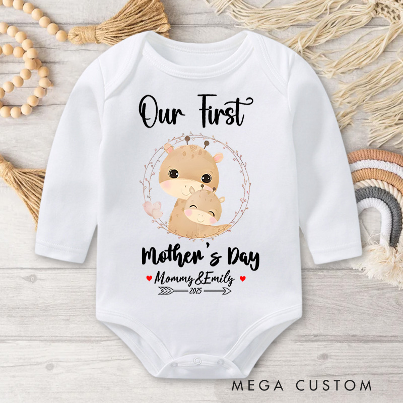 Personalized Our First Mother's Day Design with Cute Animal and Floral Wreath for Mommy and Baby Baby Bodysuit