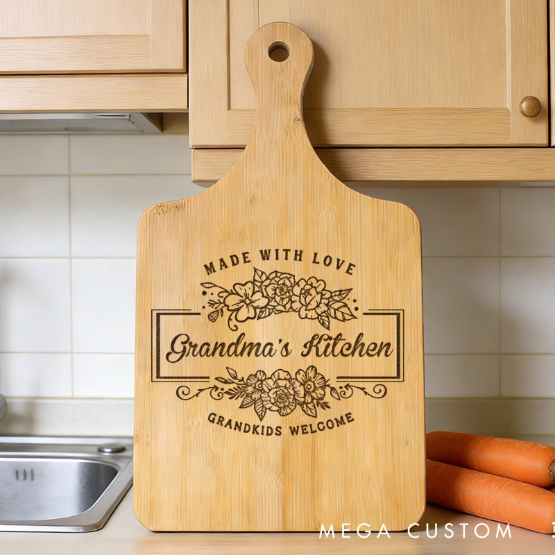 Personalized Engraved Kitchen Cutting Board Custom Bamboo Paddle Board Made with Love Design Grandkids Welcome for Grandma Gifts Home Decor