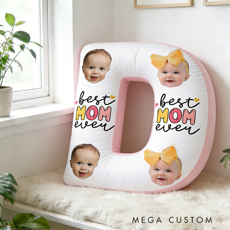 Personalized Photo Pillow Custom Letter Shaped Cushion Best Mom Ever Design Soft Decorative Throw Pillow Gift for Mom Mother's Day Birthday Home Decor