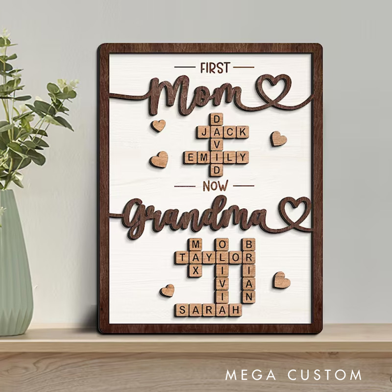 Personalized First Mom Now Grandma Wooden Sign Crossword Puzzle Art Frame Family Keepsake Gift For Mom Grandma Gift Mothers Day Gift 