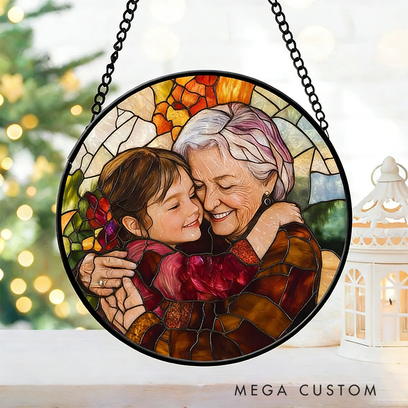 Personalized Grandma And Grandkids Portrait Faux Stained Glass Custom Photo Family Window Hanging Ornament Gift For Mom Grandma
