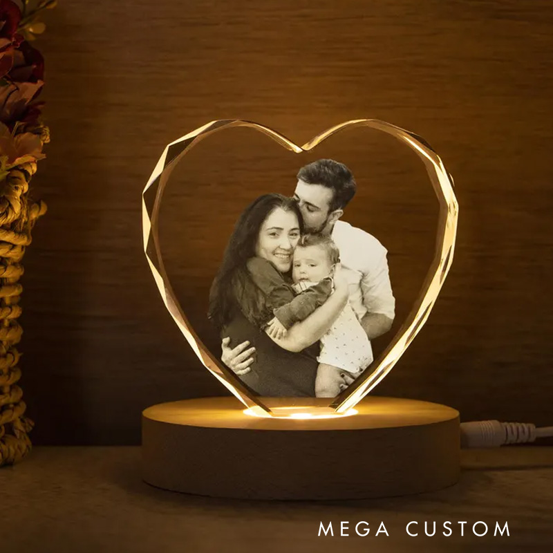 Personalized Heart Crystal Photo Portrait LED Custom Portrait in Crystal Light Family Photo Gift Portrait in Crystal Anniversary Gift