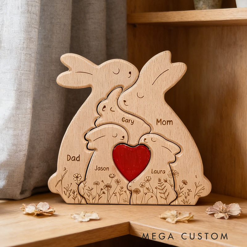 Personalized Wooden Bunny Family Decor Custom Engraved Name Sign Rustic Home Decoration Gift for Mom Dad Kids Birthday Mother's Day Father's Day