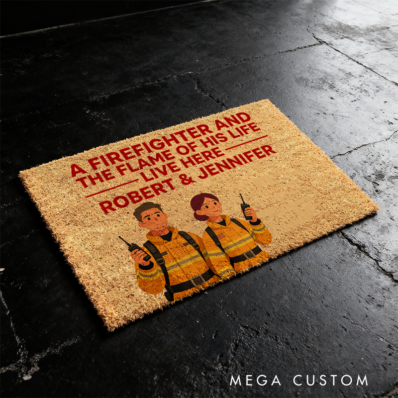 Personalized Firefighter Couple Doormat Custom Entryway Rug Gift for Firefighter Families