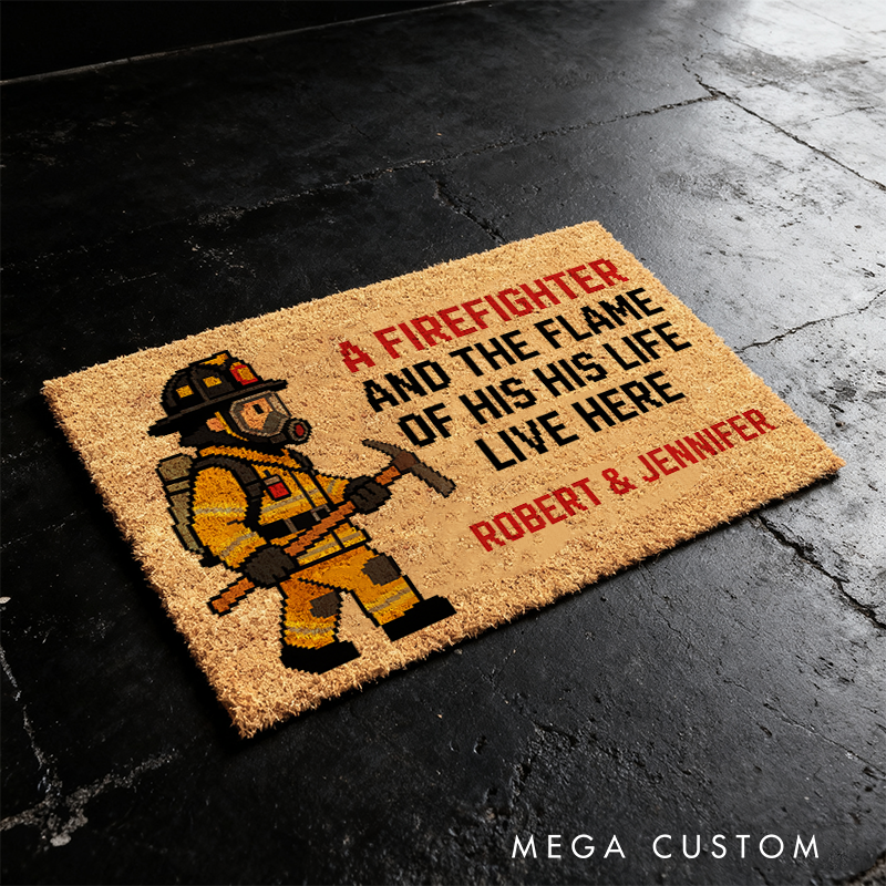 Personalized Firefighter Pixel Art Doormat Custom Couple's Entryway Rug