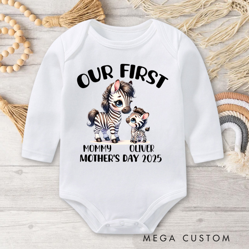 Personalized Our First Mother's Day Zebra Mom and Baby with Names and Year Baby Bodysuit