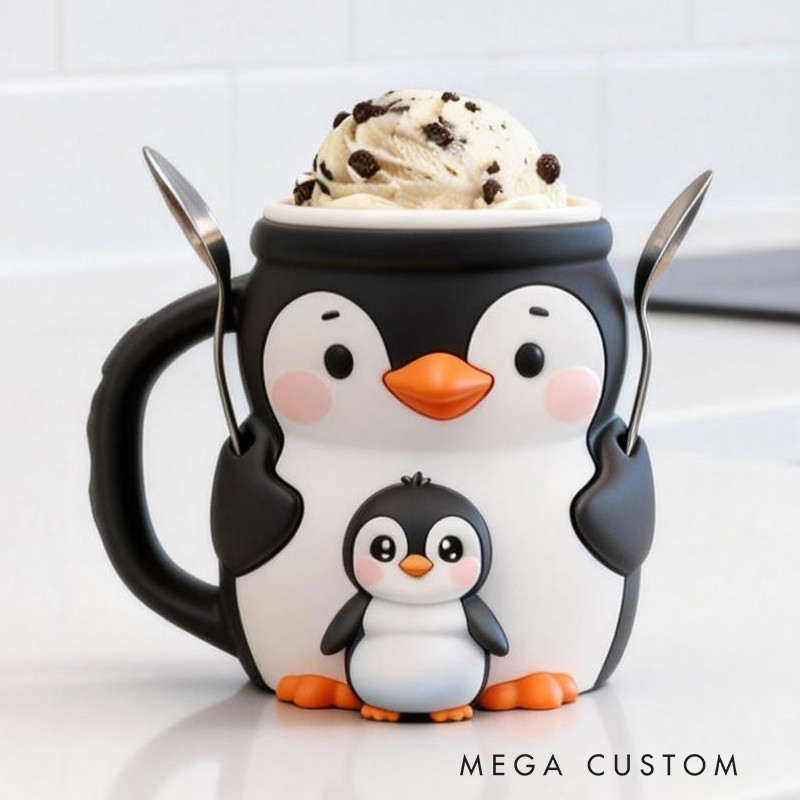 Personalized 3D Printed Penguin Ice Cream Pint Holder Spoon Slots & Snack Drawer Funny Kitchen Decor Cute Animal Gift