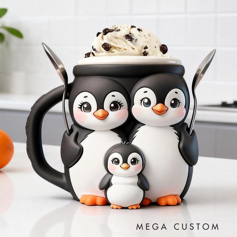 Personalized 3D Printed Penguin Ice Cream Pint Holder Spoon Slots & Snack Drawer Fun Kitchen Decor Animal Design