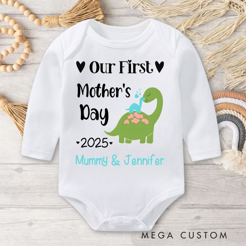 Personalized Our First Mother's Day Dinosaur Mom and Baby with Name and Year for a Fun Design Baby Bodysuit