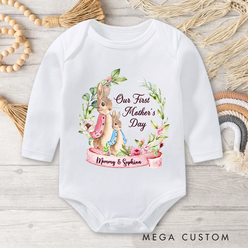 Personalized Our First Mother’s Day Peter Rabbit Bunny Floral Baby Onesie with Names Mother’s Day Gift for Baby New Mom