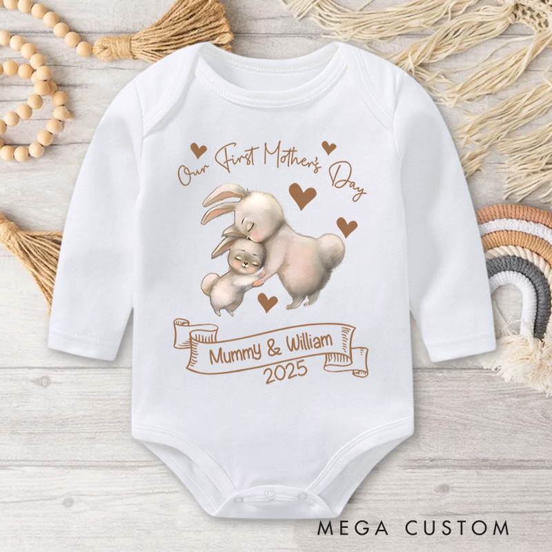 Personalized Our First Mother's Day Gentle Bunny Mom and Baby with Names Baby Bodysuit Gift for New Baby