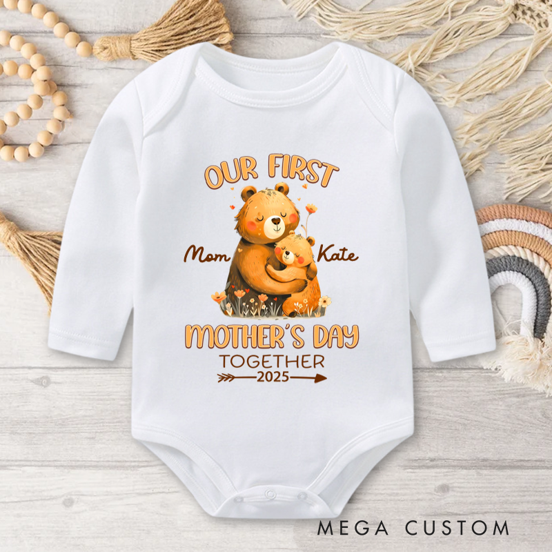 Personalized Hugging Bears Our First Mother's Day Baby Onesie with Name First Mother's Day Gift For Mom Baby