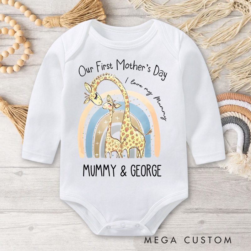 Personalized Our First Mother's Day Giraffe Mom and Baby Surrounded by Pastel Colors and Names Baby Bodysuit