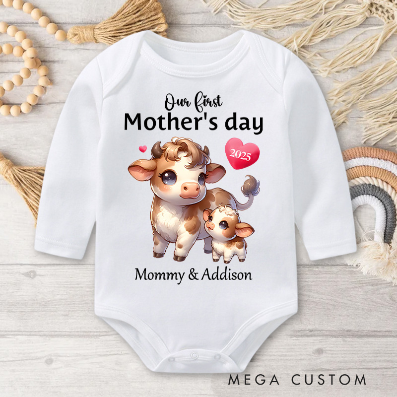 Personalized Our First Mother's Day Cow Mom and Baby with Sweet Hearts and Year Baby Bodysuit