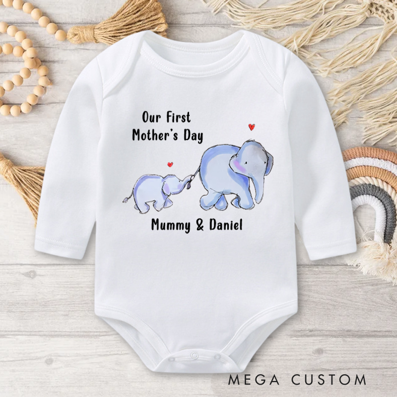 Personalized Our First Mother’s Day Elephant Baby Onesie with Names Gift for Baby New Mom