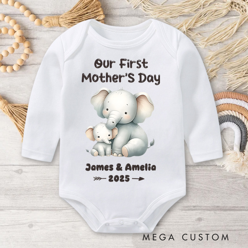 Personalized Our First Mother's Day Design with Sweet Elephant Mom and Baby and Year Baby Bodysuit