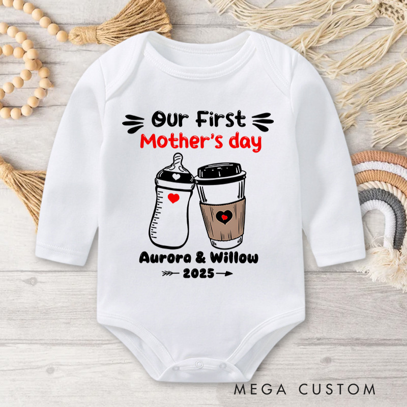 Personalized Our First Mother's Day Milk Bottle and Coffee Cup with Names and Heart Accents Baby Bodysuit