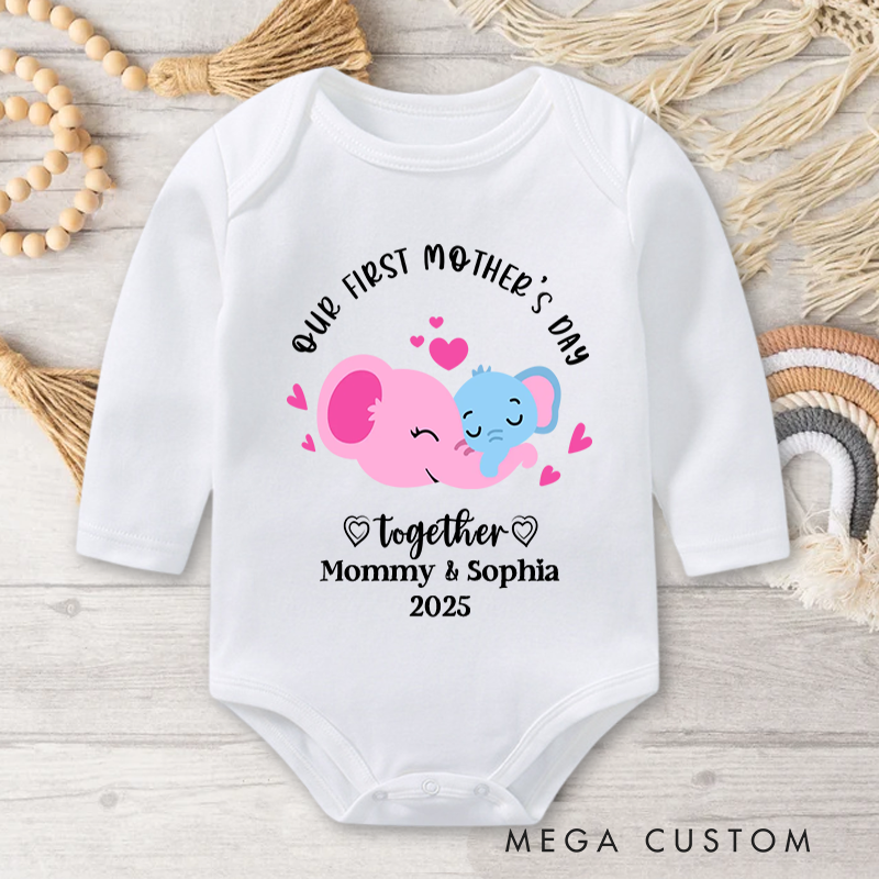 Personalized Our First Mother's Day Together Baby Onesie with Name Cute Giraffe Elephant Bear Koala Gift for Newborn