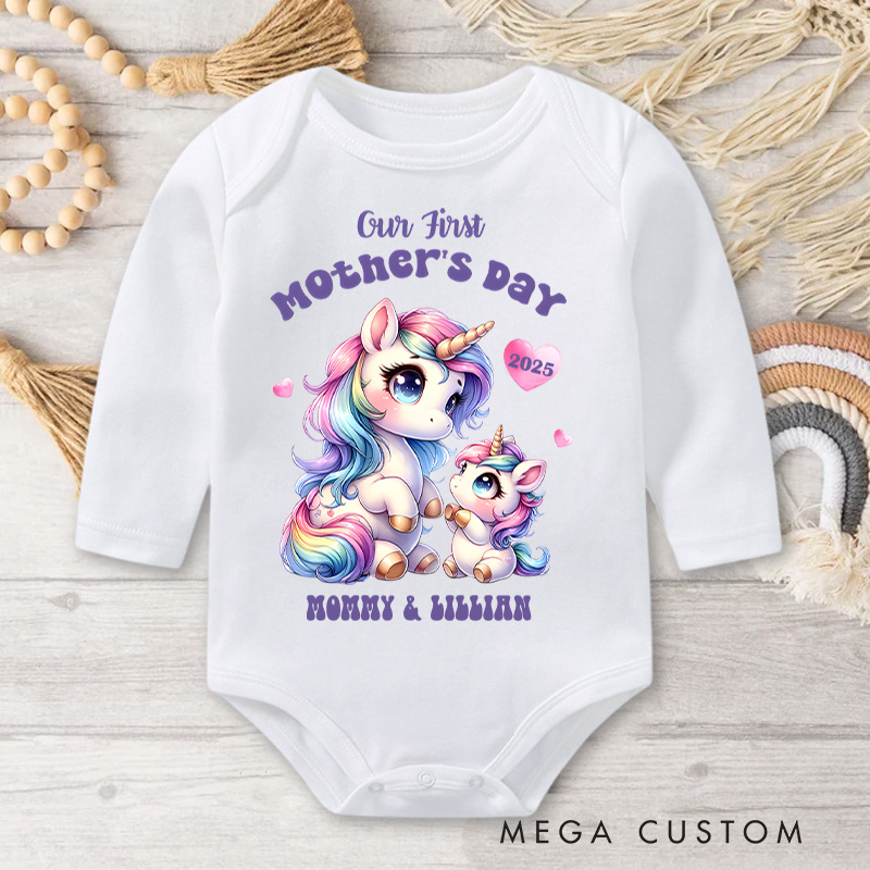 Personalized Our First Mother's Day Unicorn Mom and Baby Design with Vibrant Colors and Name Baby Bodysuit