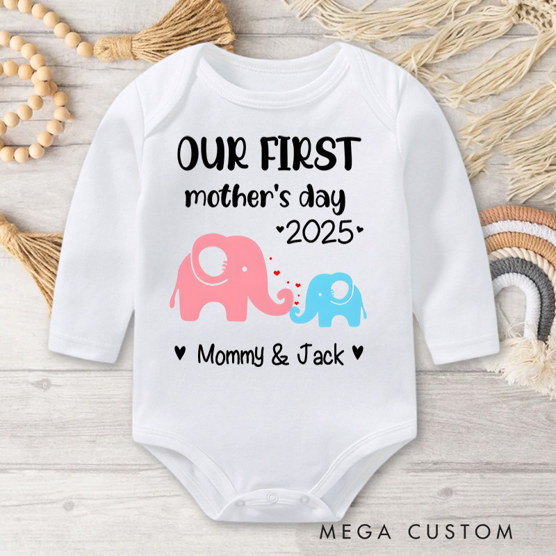 Personalized Our First Mother's Day Pink and Blue Elephant Design with Names and Year Baby Bodysuit