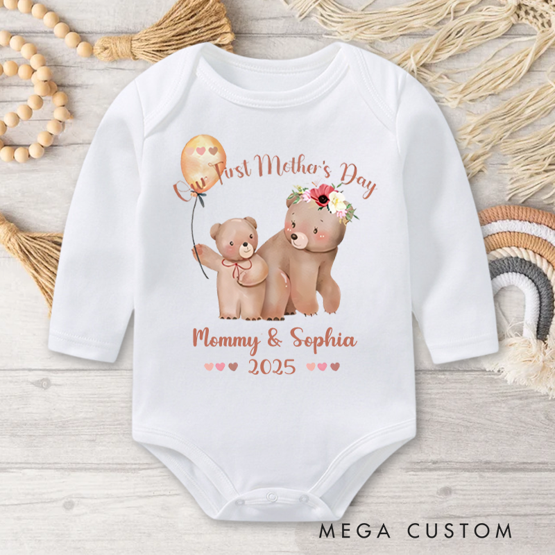 Personalized Watercolor Cute Bears Baby Onesie with Name Our First Mother's Day Gift for Mom Baby