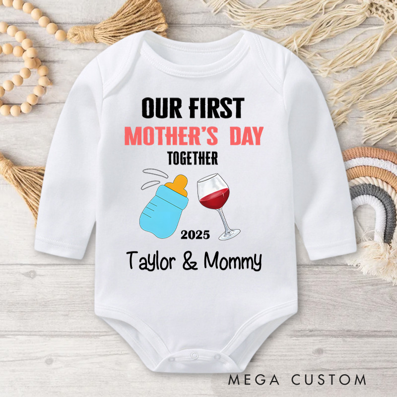 Personalized Our First Mother's Day Together Design with Bottle and Wine Glass Illustration Baby Bodysuit