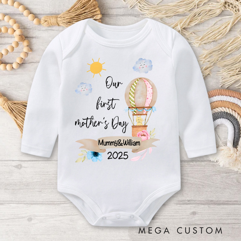 Personalized Our First Mother's Day Hot Air Balloon and Sunny Sky Design with Names and Year Baby Bodysuit