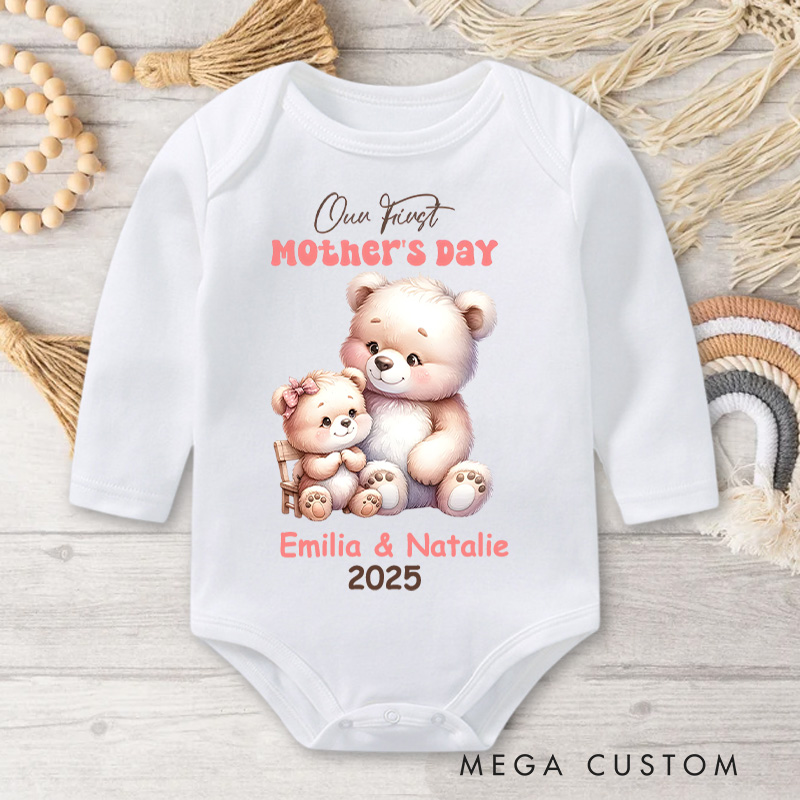 Personalized Our First Mother's Day Bear Mom and Baby Design with Cute Pastel Colors and Names Baby Bodysuit