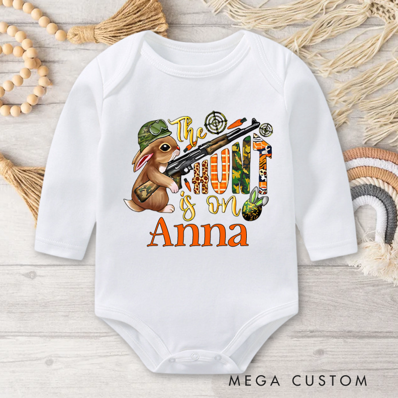 Personalized Cute Bunny The Hunt Is On Baby Onesie with Name Easter Gift for Baby