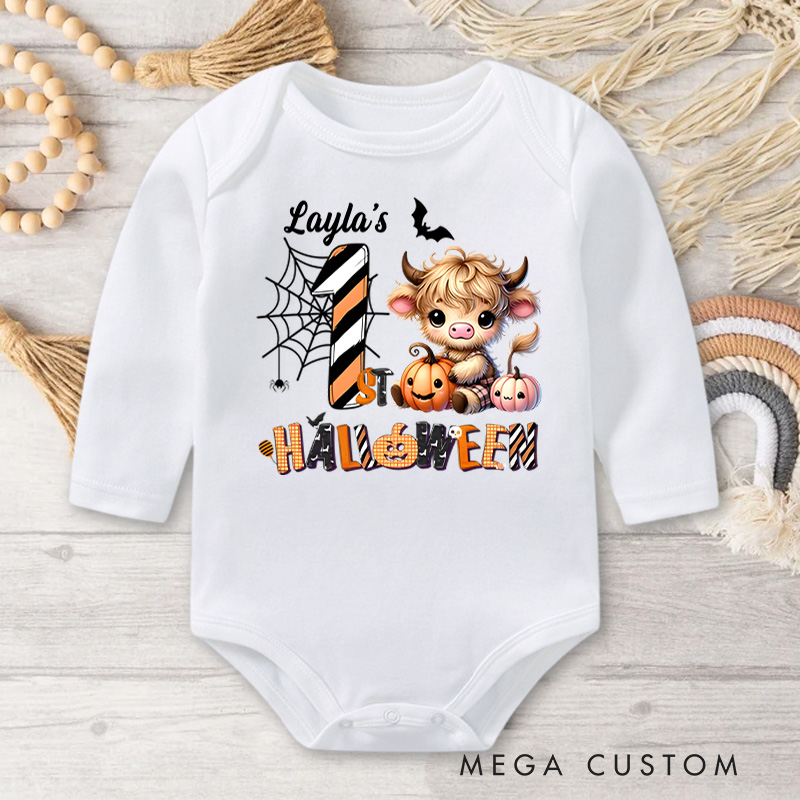 Personalized First Halloween Fun Featuring Cute Baby Cow Baby Bodysuit