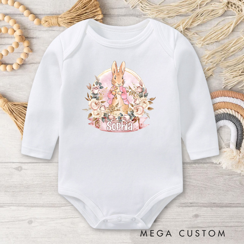 Personalized Charming Rabbit and Floral Elegance for Babies Baby Bodysuit Baby Easter Gift