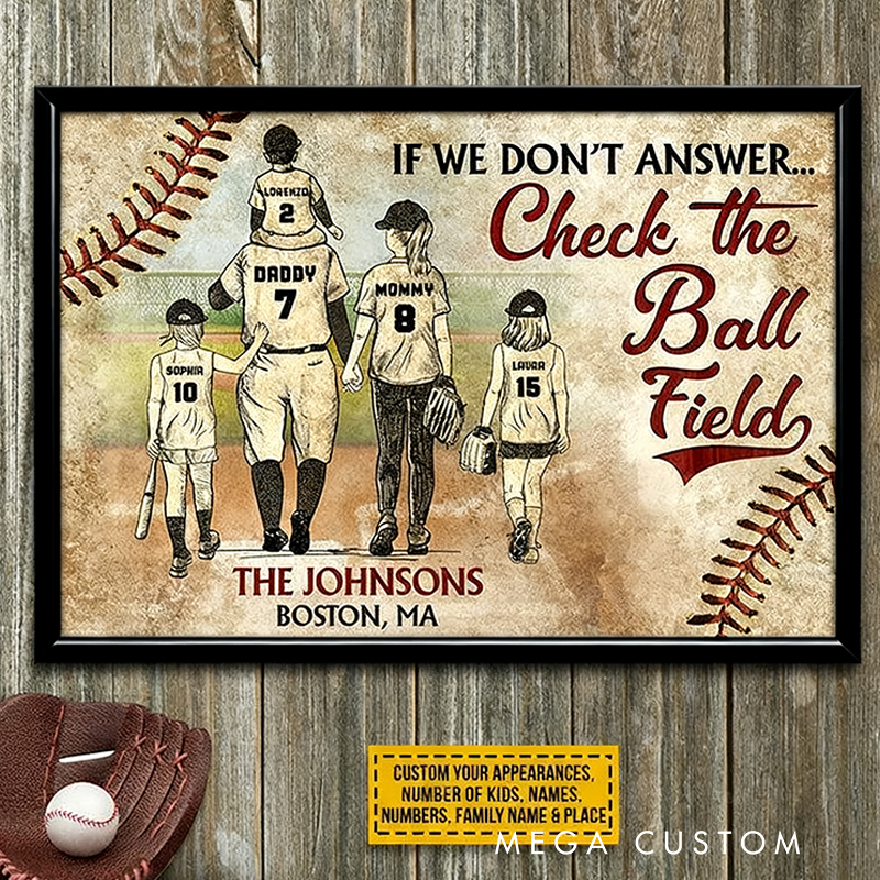 Personalized "Check the Ball Field" Baseball Family Wall Hangings with Custom Characters and Quote  