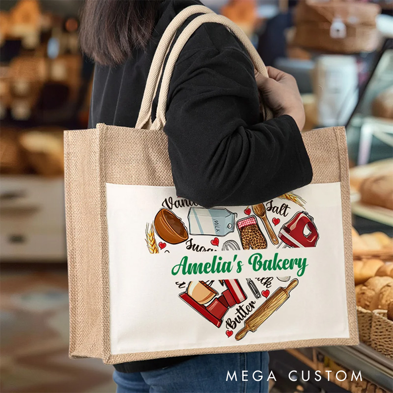 Personalized Baking Tools Love Heart Large Capacity Jute Tote Bag with Name Birthday Gift for Cooking Lovers