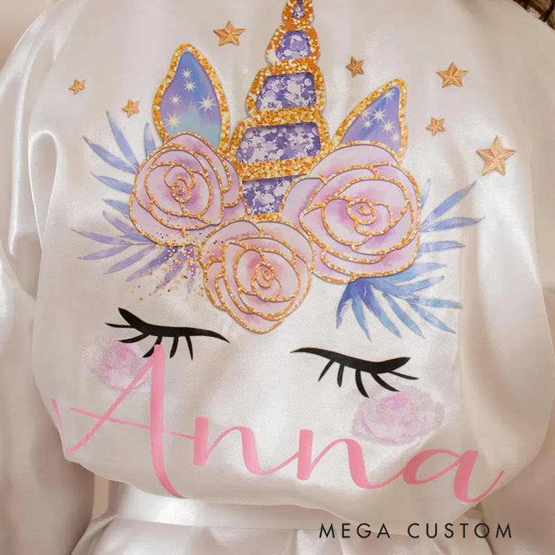 Personalized Unicorn Spa Birthday Party Robes Custom Kids Satin Robes Sleepover Party Robes Girl Robe Birthday Gift